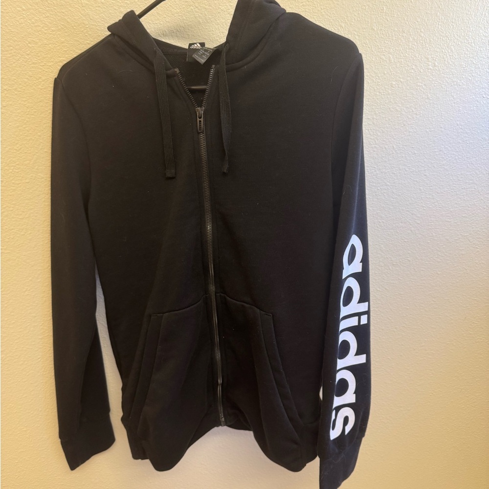Adidas Black Zip-Up Hoodie with White Sleeve Logo